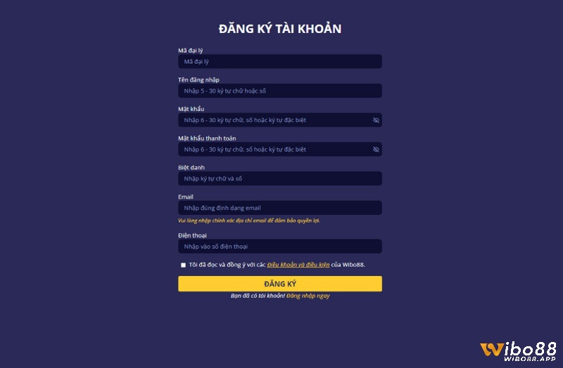 Giao diện đăng ký tài khoản tại Wibo88