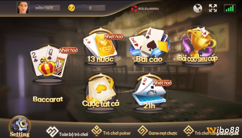 Đa dạng các thể loại game bài tại Wibo88