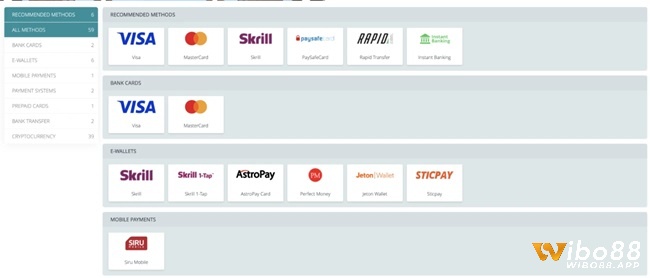 Thanh toán nạp rút tiền qua Visa, Skrill, AstroPay, Sticpay