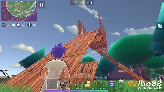 Ảnh chụp trong game "Survival Zone X" với bản đồ rộng, nhân vật đang bắn súng trong môi trường sinh tồn