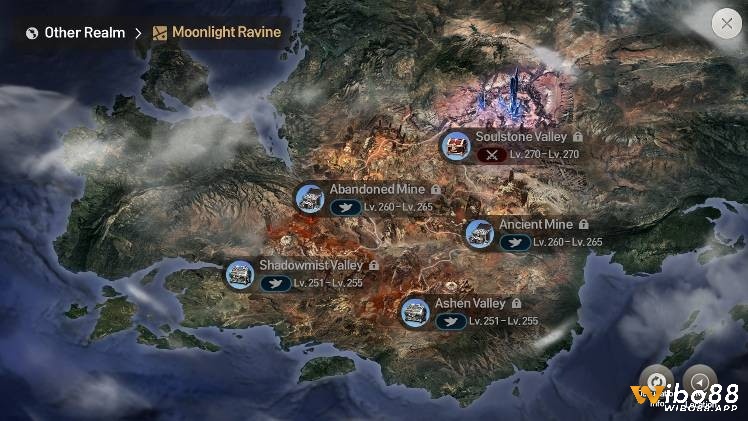 Bản đồ thế giới rộng lớn của Blade & Soul với các địa danh nổi bật như Làng Đào Hoa, Thung Lũng Hoàng Vũ và Thành Trấn Mộc mang đậm phong cách Á Đông.