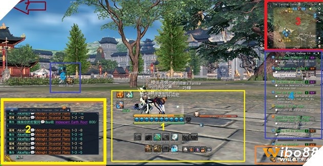 Giao diện hệ thống nhiệm vụ trong Blade & Soul, hiển thị chuỗi nhiệm vụ chính và phụ kèm chỉ dẫn vị trí và phần thưởng.