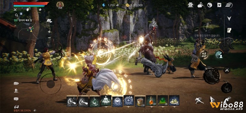 Một tổ đội người chơi trong game Blade & Soul đang phối hợp chiến đấu với boss trong ngục tối với hiệu ứng kỹ năng rực rỡ.
