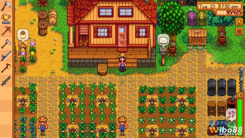 Nhân vật trong Stardew Valley chăm sóc nông trại rực rỡ, với cây trồng, động vật và cảnh làng quê yên bình.