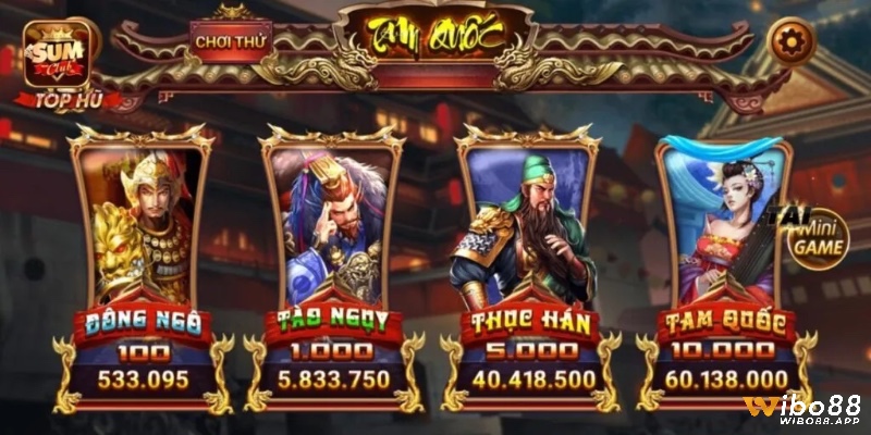 Giao diện chính của game nổ hũ Tam Quốc với hình ảnh các danh tướng nổi tiếng và vòng quay hấp dẫn thu hút hàng triệu người chơi.